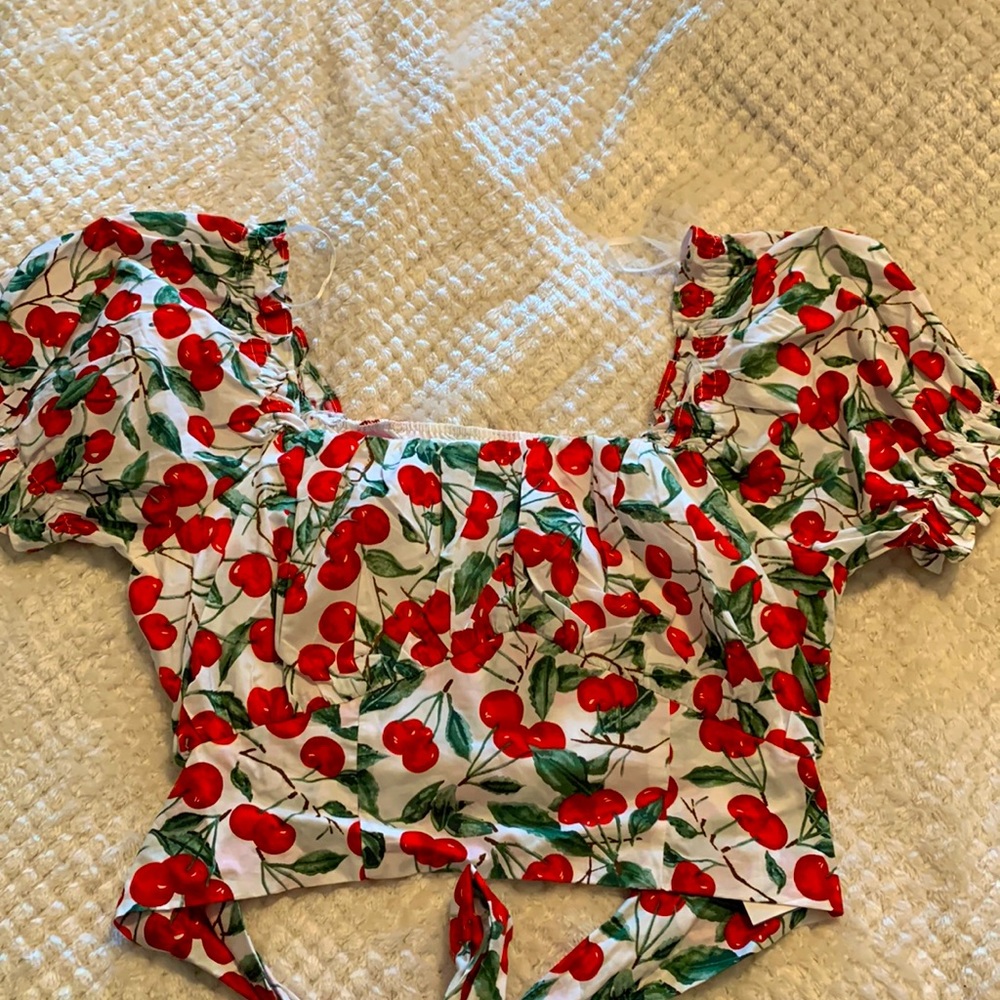 Cider Cherry Print Cap Sleeve Crop Top